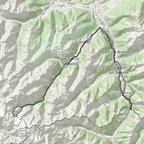 Karttaminiaatyyri "Vuoristoista Maantieretkeilyä Brennerosta Neustiftiin" pyöräilyinspiraatiosta alueella Provincia Autonoma di Bolzano/Bozen, Italy. Luotu Tarmacs.app pyöräilyreittisuunnittelijalla