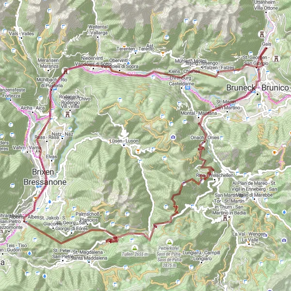 Map miniature of "Gais to Passo delle Erbe" cycling inspiration in Provincia Autonoma di Bolzano/Bozen, Italy. Generated by Tarmacs.app cycling route planner