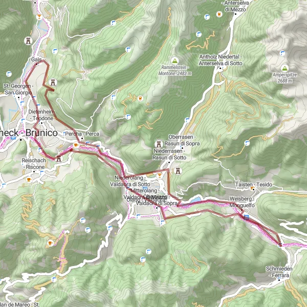 Kartminiatyr av "Grusvägar och slottsutforskning" cykelinspiration i Provincia Autonoma di Bolzano/Bozen, Italy. Genererad av Tarmacs.app cykelruttplanerare