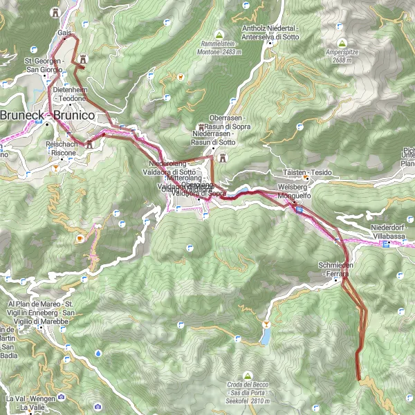 Miniature de la carte de l'inspiration cycliste "Parcours des Montagnes à Gais" dans la Provincia Autonoma di Bolzano/Bozen, Italy. Générée par le planificateur d'itinéraire cycliste Tarmacs.app