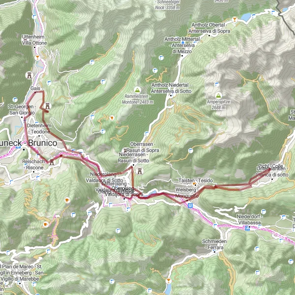 Miniatura della mappa di ispirazione al ciclismo "Percorso in bicicletta gravel da Gais a Monte Spalliera" nella regione di Provincia Autonoma di Bolzano/Bozen, Italy. Generata da Tarmacs.app, pianificatore di rotte ciclistiche