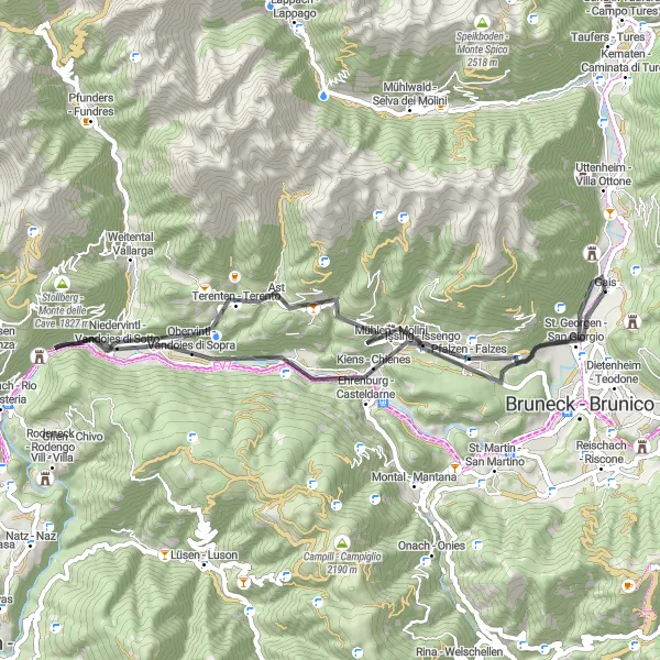 Miniatura della mappa di ispirazione al ciclismo "Giro in bicicletta da Gais a Chiusa di Rio Pusteria" nella regione di Provincia Autonoma di Bolzano/Bozen, Italy. Generata da Tarmacs.app, pianificatore di rotte ciclistiche