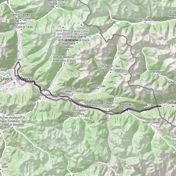 Map miniature of "Gais to Winnebach" cycling inspiration in Provincia Autonoma di Bolzano/Bozen, Italy. Generated by Tarmacs.app cycling route planner
