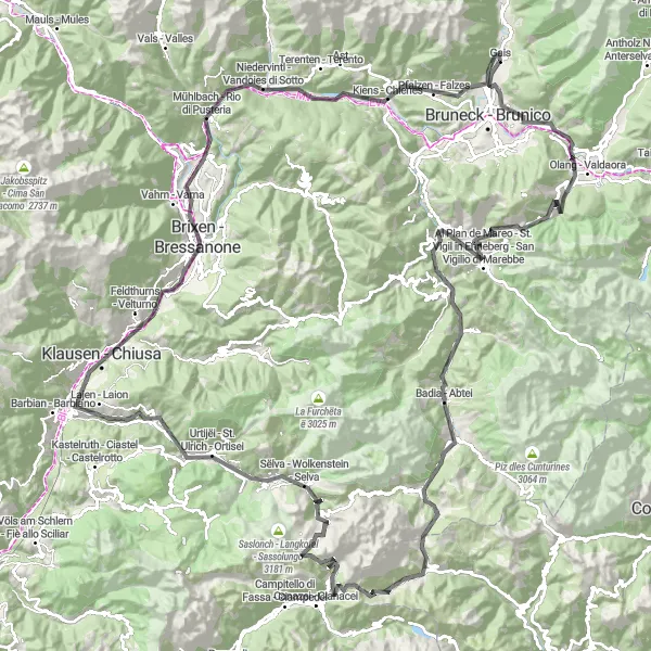 Miniature de la carte de l'inspiration cycliste "Défi cycliste ultime autour de Gais" dans la Provincia Autonoma di Bolzano/Bozen, Italy. Générée par le planificateur d'itinéraire cycliste Tarmacs.app