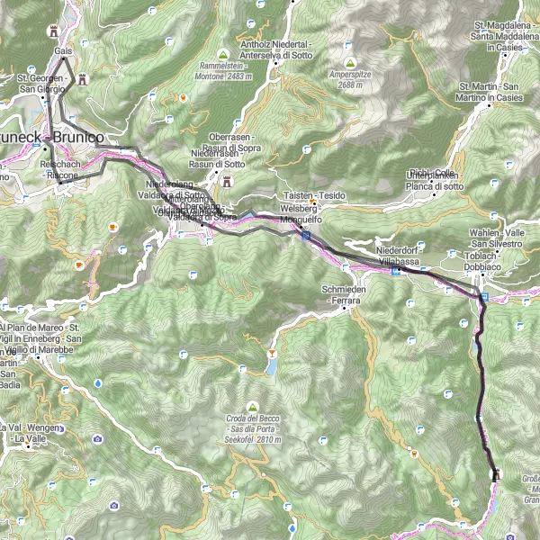 Miniatura della mappa di ispirazione al ciclismo "Avventurosa pedalata da Gais a Monte Spalliera" nella regione di Provincia Autonoma di Bolzano/Bozen, Italy. Generata da Tarmacs.app, pianificatore di rotte ciclistiche