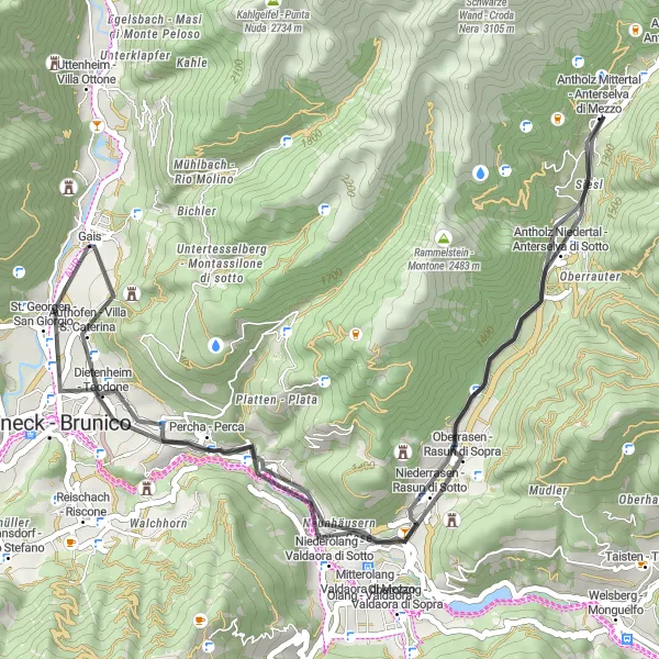 Zemljevid v pomanjšavi "Scenic Road Cycling around Gais" kolesarske inspiracije v Provincia Autonoma di Bolzano/Bozen, Italy. Generirano z načrtovalcem kolesarskih poti Tarmacs.app