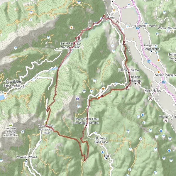 Zemljevid v pomanjšavi "Gravel Route Lana - Passo Castrin" kolesarske inspiracije v Provincia Autonoma di Bolzano/Bozen, Italy. Generirano z načrtovalcem kolesarskih poti Tarmacs.app