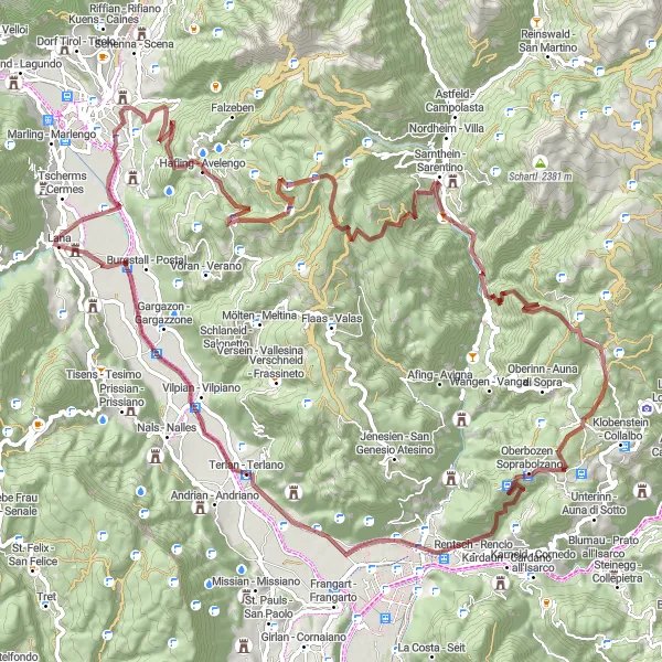 Miniatua del mapa de inspiración ciclista "Ruta de Grava de Lana a Ansitz Ampossegg de 100km" en Provincia Autonoma di Bolzano/Bozen, Italy. Generado por Tarmacs.app planificador de rutas ciclistas