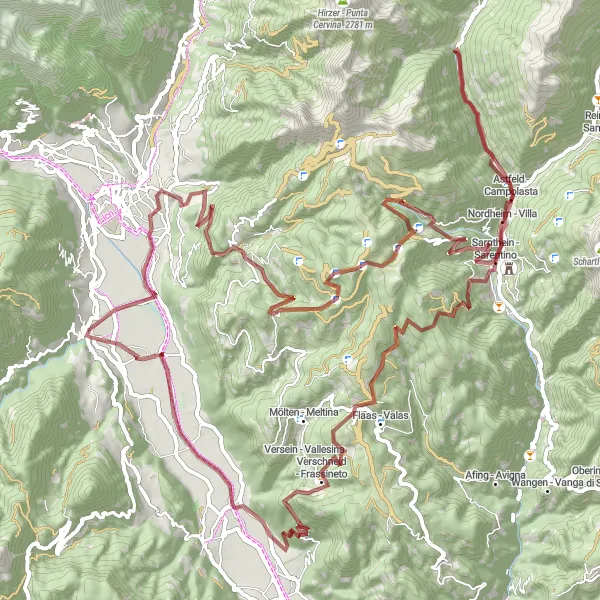 Miniatua del mapa de inspiración ciclista "Ruta de Grava de Lana a Ansitz Ampossegg de 102km" en Provincia Autonoma di Bolzano/Bozen, Italy. Generado por Tarmacs.app planificador de rutas ciclistas