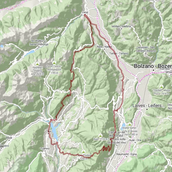 Miniatua del mapa de inspiración ciclista "Ruta de gravel desde Lana con paradas destacadas" en Provincia Autonoma di Bolzano/Bozen, Italy. Generado por Tarmacs.app planificador de rutas ciclistas