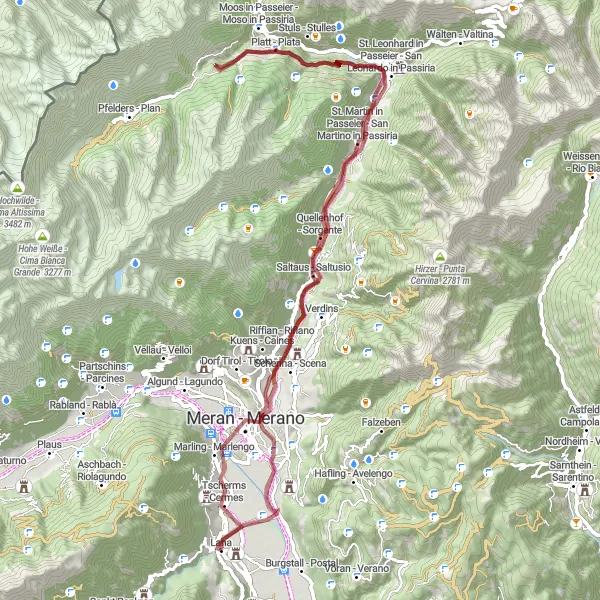 Miniatua del mapa de inspiración ciclista "Ruta de Grava de Lana a Ansitz Rosengarten de 75km" en Provincia Autonoma di Bolzano/Bozen, Italy. Generado por Tarmacs.app planificador de rutas ciclistas
