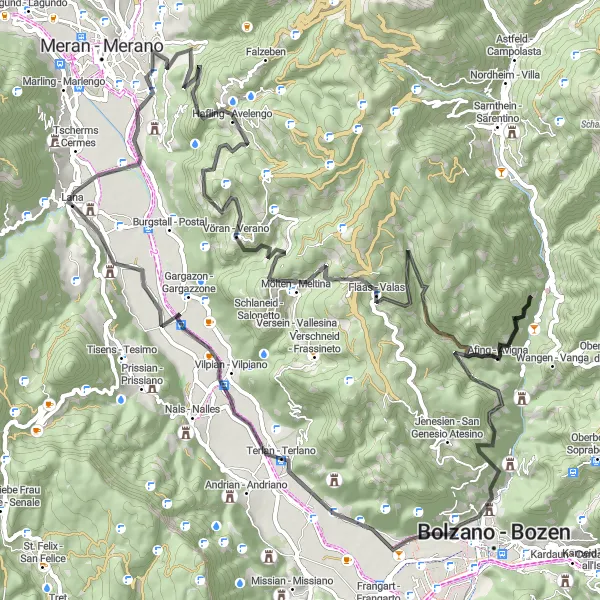 Zemljevid v pomanjšavi "Road Route Lana - Ansitz Rosengarten" kolesarske inspiracije v Provincia Autonoma di Bolzano/Bozen, Italy. Generirano z načrtovalcem kolesarskih poti Tarmacs.app
