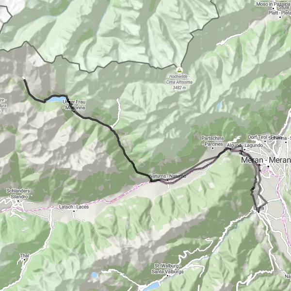 Karttaminiaatyyri "Lana - Ansitz Klarenbrunn Adventure" pyöräilyinspiraatiosta alueella Provincia Autonoma di Bolzano/Bozen, Italy. Luotu Tarmacs.app pyöräilyreittisuunnittelijalla