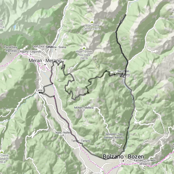 Miniaturní mapa "Trasa s výhledem na Merano" inspirace pro cyklisty v oblasti Provincia Autonoma di Bolzano/Bozen, Italy. Vytvořeno pomocí plánovače tras Tarmacs.app