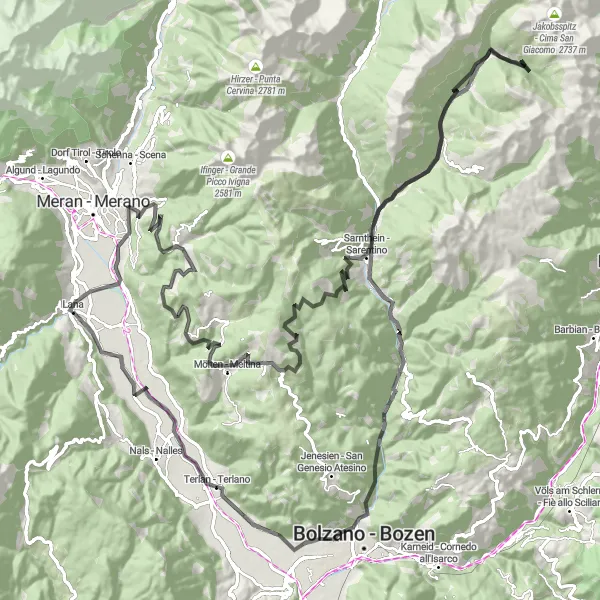 Miniatuurkaart van de fietsinspiratie "Uitdagende Roadtrip door de bergen van Lana naar Terlan" in Provincia Autonoma di Bolzano/Bozen, Italy. Gemaakt door de Tarmacs.app fietsrouteplanner