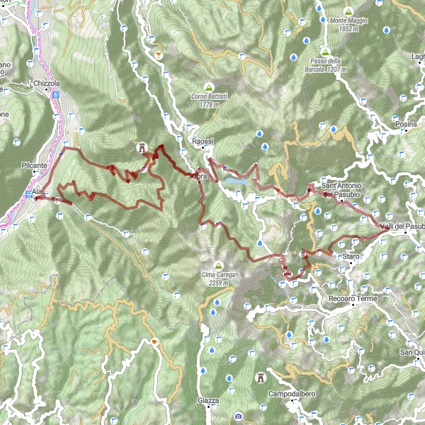 Miniatua del mapa de inspiración ciclista "Ruta de Grava a través de los Alpes" en Provincia Autonoma di Trento, Italy. Generado por Tarmacs.app planificador de rutas ciclistas