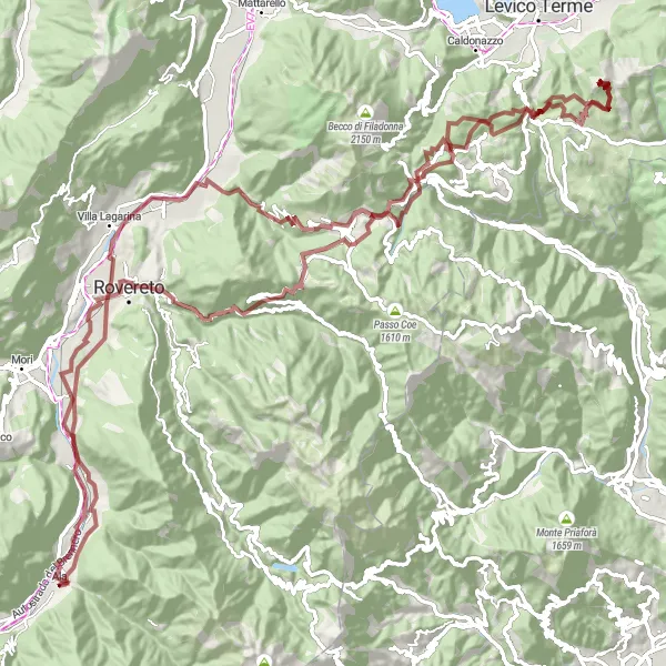 Miniatua del mapa de inspiración ciclista "Ruta de Grava: Ala - Villetta - Dosso Cristina - Cima Vezzena" en Provincia Autonoma di Trento, Italy. Generado por Tarmacs.app planificador de rutas ciclistas