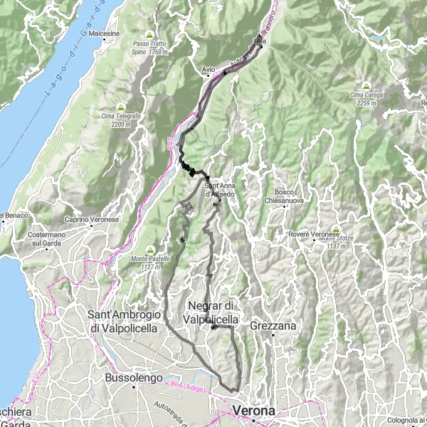 Karttaminiaatyyri "Vò Sinistro - Monte Masua - San Pietro in Cariano - Sabbionara" pyöräilyinspiraatiosta alueella Provincia Autonoma di Trento, Italy. Luotu Tarmacs.app pyöräilyreittisuunnittelijalla