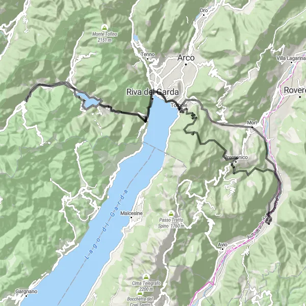 Karten-Miniaturansicht der Radinspiration "Herausfordernde Route am Gardasee" in Provincia Autonoma di Trento, Italy. Erstellt vom Tarmacs.app-Routenplaner für Radtouren