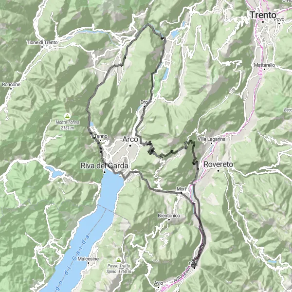 Miniatura mapy "Wycieczka szosowa przez urokliwe tereny Trentino" - trasy rowerowej w Provincia Autonoma di Trento, Italy. Wygenerowane przez planer tras rowerowych Tarmacs.app