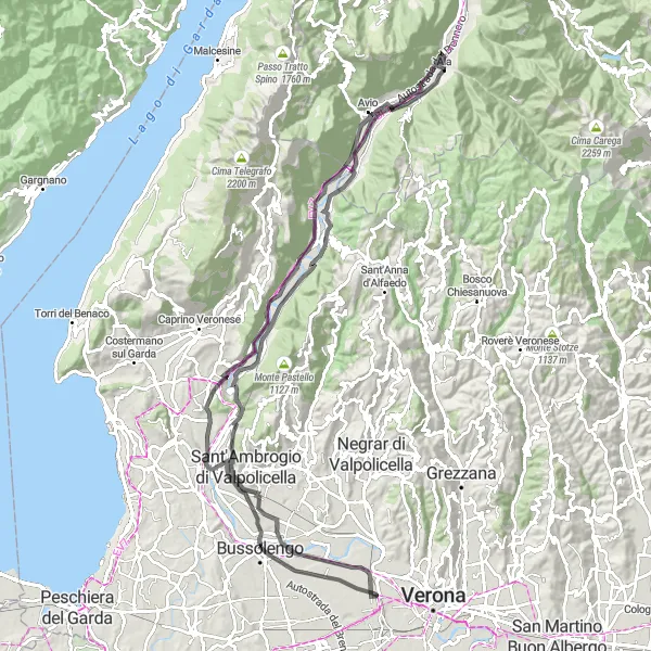 Mapa miniatúra "Zážitková cyklotrasa od Ala cez prírodu" cyklistická inšpirácia v Provincia Autonoma di Trento, Italy. Vygenerované cyklistickým plánovačom trás Tarmacs.app