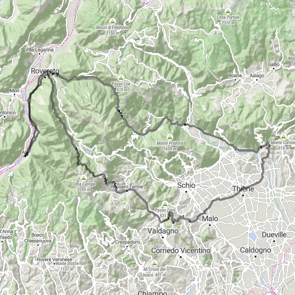 Kartminiatyr av "Ala - Recoaro Terme - Ala" sykkelinspirasjon i Provincia Autonoma di Trento, Italy. Generert av Tarmacs.app sykkelrutoplanlegger
