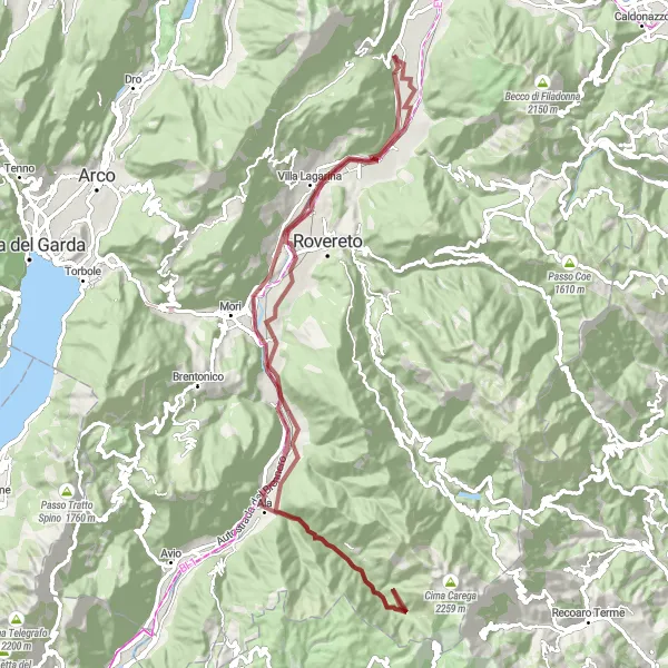 Mapa miniatúra "Gravelová trasa cez okolie Aldeno" cyklistická inšpirácia v Provincia Autonoma di Trento, Italy. Vygenerované cyklistickým plánovačom trás Tarmacs.app