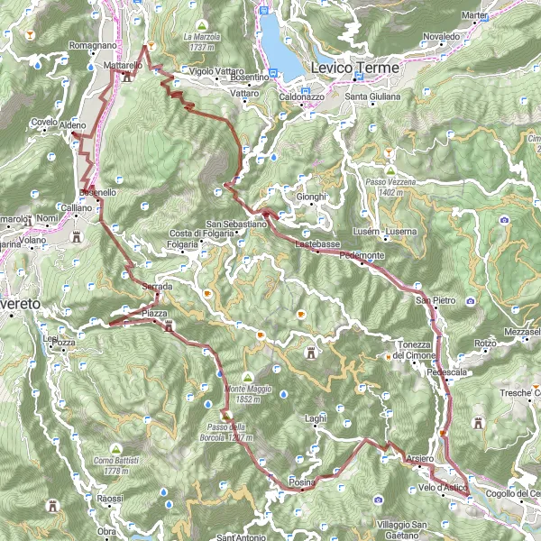 Zemljevid v pomanjšavi "Aldeno - Besenello Gravel Loop" kolesarske inspiracije v Provincia Autonoma di Trento, Italy. Generirano z načrtovalcem kolesarskih poti Tarmacs.app