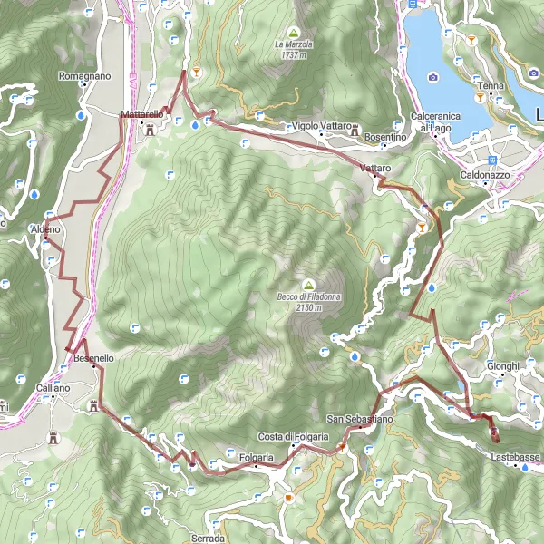 Mapa miniatúra "Gravelový okruh cez Besenello a Vattaro" cyklistická inšpirácia v Provincia Autonoma di Trento, Italy. Vygenerované cyklistickým plánovačom trás Tarmacs.app