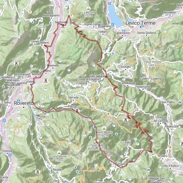 Miniaturekort af cykelinspirationen "Udfordrende gruscykelrute til Monte Tormeno" i Provincia Autonoma di Trento, Italy. Genereret af Tarmacs.app cykelruteplanlægger