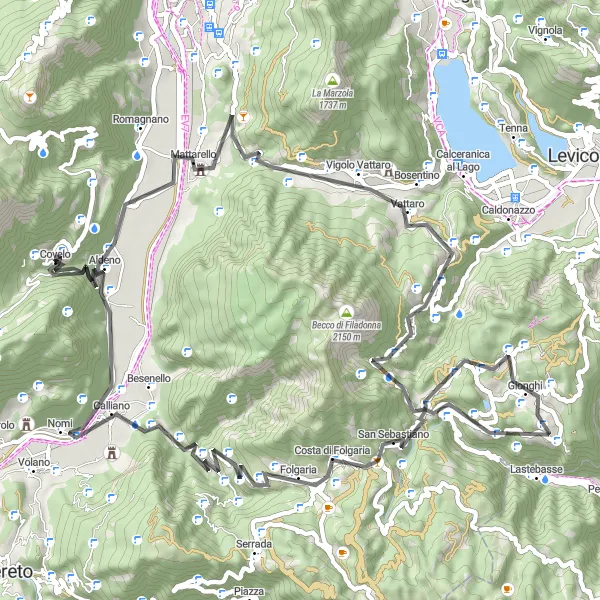 Kartminiatyr av "Vägcykling genom Mattarello till Folgaria" cykelinspiration i Provincia Autonoma di Trento, Italy. Genererad av Tarmacs.app cykelruttplanerare