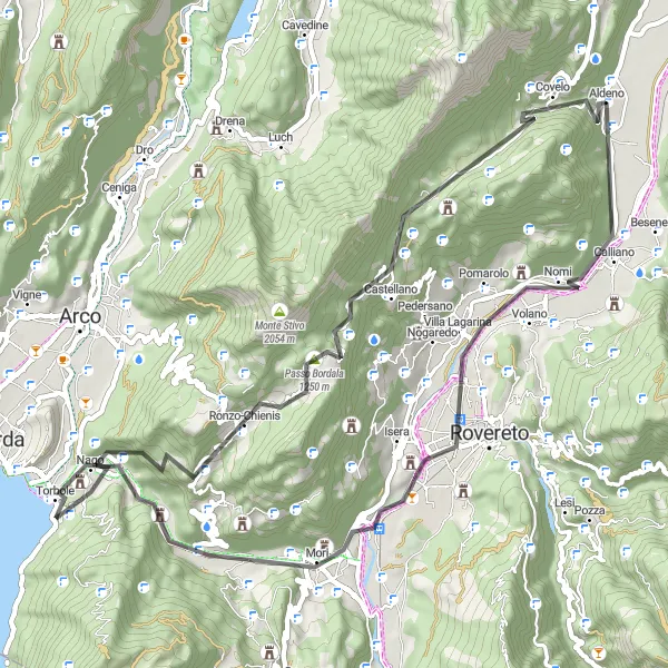 Map miniature of "Aldeno Loop: Exploring Nature and Medieval Castles" cycling inspiration in Provincia Autonoma di Trento, Italy. Generated by Tarmacs.app cycling route planner