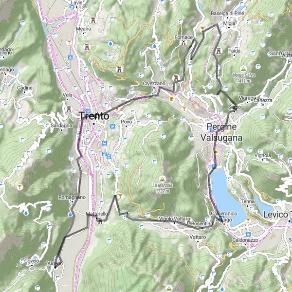 Kartminiatyr av "Rundtur till Mattarello via Trento" cykelinspiration i Provincia Autonoma di Trento, Italy. Genererad av Tarmacs.app cykelruttplanerare