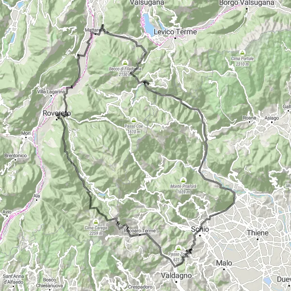 Miniatua del mapa de inspiración ciclista "Ruta de ciclismo de carretera a Recoaro Terme" en Provincia Autonoma di Trento, Italy. Generado por Tarmacs.app planificador de rutas ciclistas