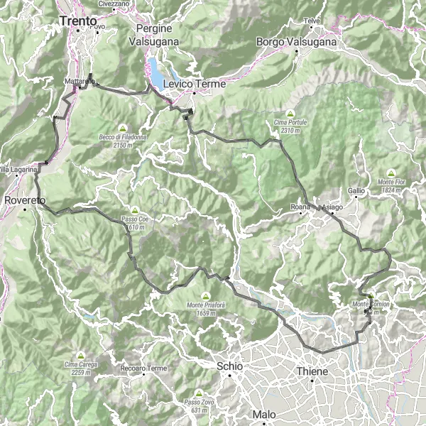 Miniaturekort af cykelinspirationen "Aldeno til Asiago Rundtur" i Provincia Autonoma di Trento, Italy. Genereret af Tarmacs.app cykelruteplanlægger