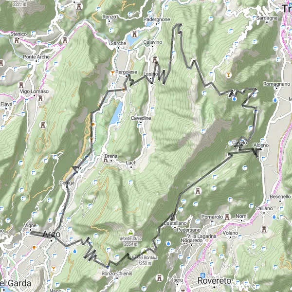 Miniature de la carte de l'inspiration cycliste "Tour des Lacs de Vallagarina" dans la Provincia Autonoma di Trento, Italy. Générée par le planificateur d'itinéraire cycliste Tarmacs.app
