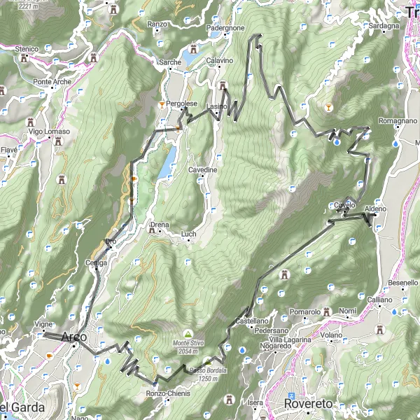 Miniatua del mapa de inspiración ciclista "Recorrido en Carretera Aldeno-Arco-Lasino-Lagolo-Terrazza delle Stelle-Garniga Terme" en Provincia Autonoma di Trento, Italy. Generado por Tarmacs.app planificador de rutas ciclistas