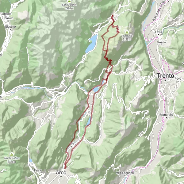 Mapa miniatúra "Prachu na gravelu" cyklistická inšpirácia v Provincia Autonoma di Trento, Italy. Vygenerované cyklistickým plánovačom trás Tarmacs.app