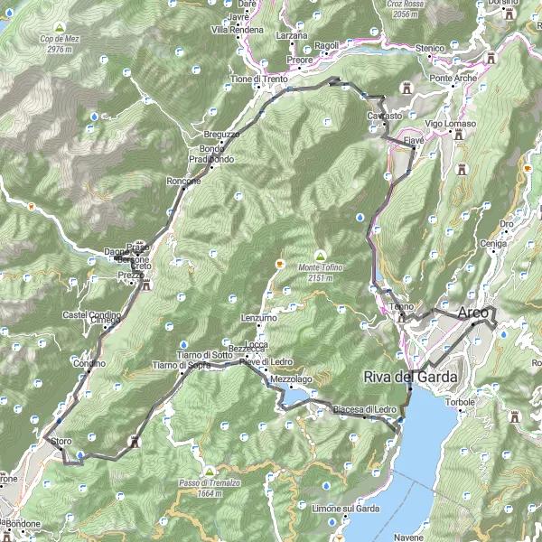 Kartminiatyr av "Gardasjøen og Ledro-sjøen" sykkelinspirasjon i Provincia Autonoma di Trento, Italy. Generert av Tarmacs.app sykkelrutoplanlegger