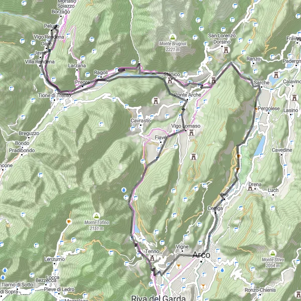 Miniatuurkaart van de fietsinspiratie "Tenno naar Monte Colodri via Passo Del Ballino" in Provincia Autonoma di Trento, Italy. Gemaakt door de Tarmacs.app fietsrouteplanner