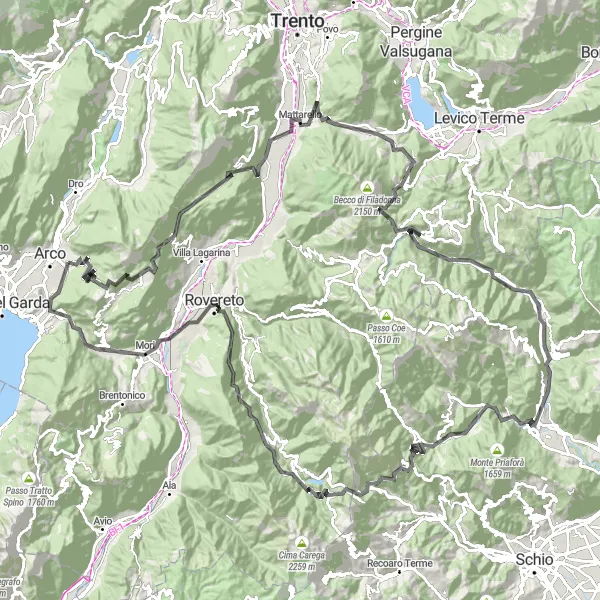 Miniatura della mappa di ispirazione al ciclismo "Giro in bicicletta da Arco a Ronzo-Chienis e Passo Bordala" nella regione di Provincia Autonoma di Trento, Italy. Generata da Tarmacs.app, pianificatore di rotte ciclistiche