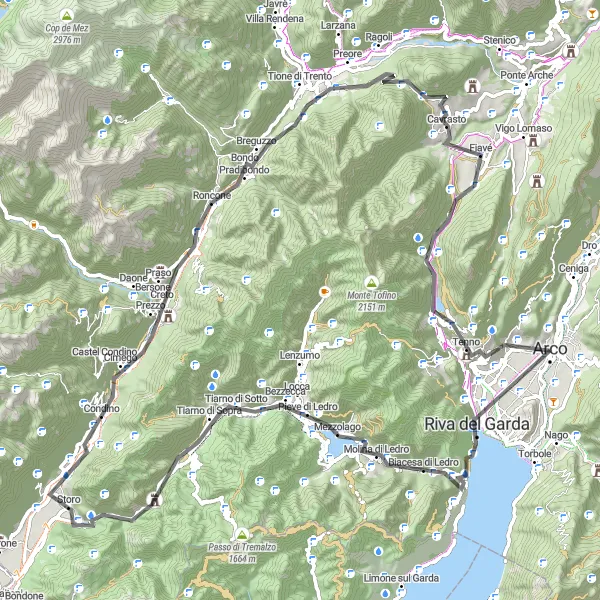 Miniaturekort af cykelinspirationen "Scenisk rundtur omkring Gardasøen" i Provincia Autonoma di Trento, Italy. Genereret af Tarmacs.app cykelruteplanlægger