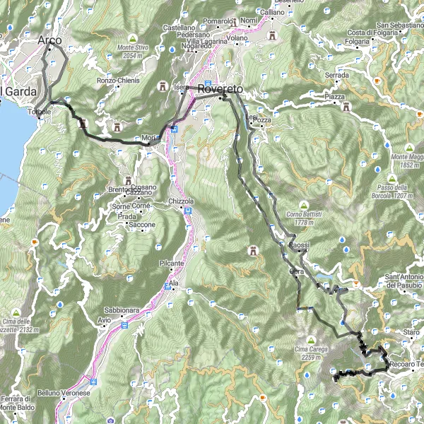 Kartminiatyr av "Fantastisk landeveistur i Trentino" sykkelinspirasjon i Provincia Autonoma di Trento, Italy. Generert av Tarmacs.app sykkelrutoplanlegger
