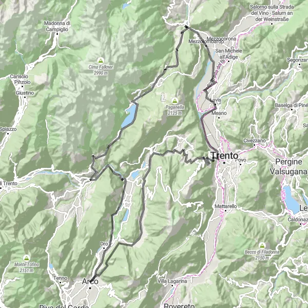 Kartminiatyr av "Landeveisutfordring rundt Arco" sykkelinspirasjon i Provincia Autonoma di Trento, Italy. Generert av Tarmacs.app sykkelrutoplanlegger