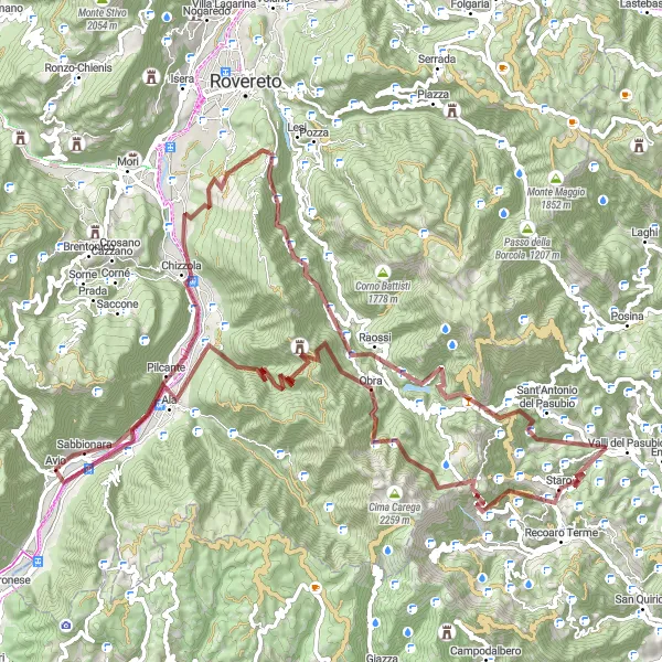 Miniaturní mapa "Gravelový okruh kolem Avia a Passo Buole" inspirace pro cyklisty v oblasti Provincia Autonoma di Trento, Italy. Vytvořeno pomocí plánovače tras Tarmacs.app