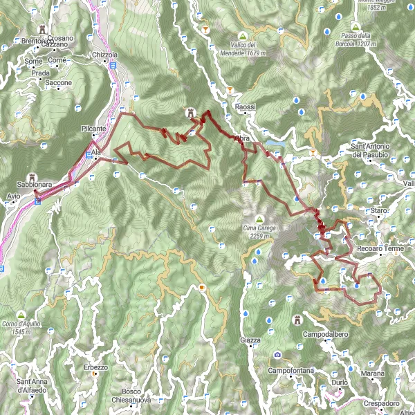Miniaturní mapa "Gravel Route Okolo Avio" inspirace pro cyklisty v oblasti Provincia Autonoma di Trento, Italy. Vytvořeno pomocí plánovače tras Tarmacs.app