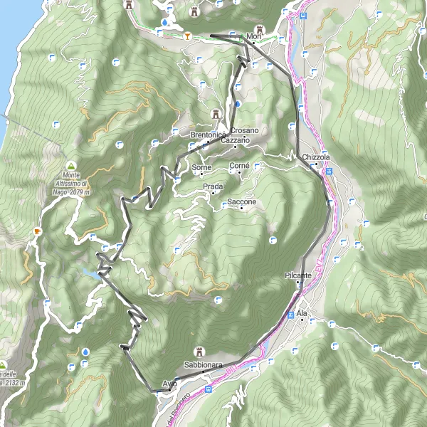 Map miniature of "The Romantic Hills of Avio" cycling inspiration in Provincia Autonoma di Trento, Italy. Generated by Tarmacs.app cycling route planner