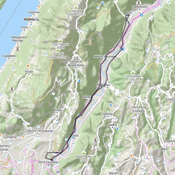 Karttaminiaatyyri "Pyöräilyretki kohti Monte Montarionea" pyöräilyinspiraatiosta alueella Provincia Autonoma di Trento, Italy. Luotu Tarmacs.app pyöräilyreittisuunnittelijalla