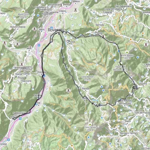 Map miniature of "Avio's Mountain Passes" cycling inspiration in Provincia Autonoma di Trento, Italy. Generated by Tarmacs.app cycling route planner