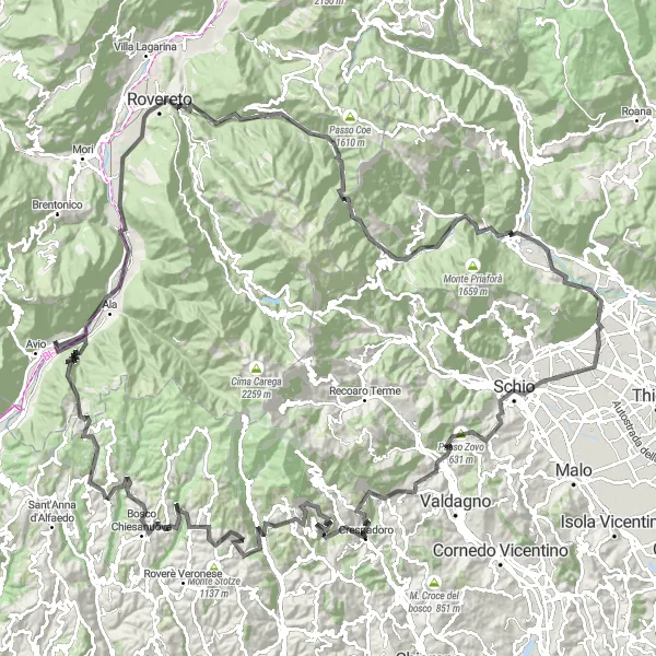 Miniatuurkaart van de fietsinspiratie "Serravalle all'Adige - Monte Montarione Grande Fietsroute" in Provincia Autonoma di Trento, Italy. Gemaakt door de Tarmacs.app fietsrouteplanner